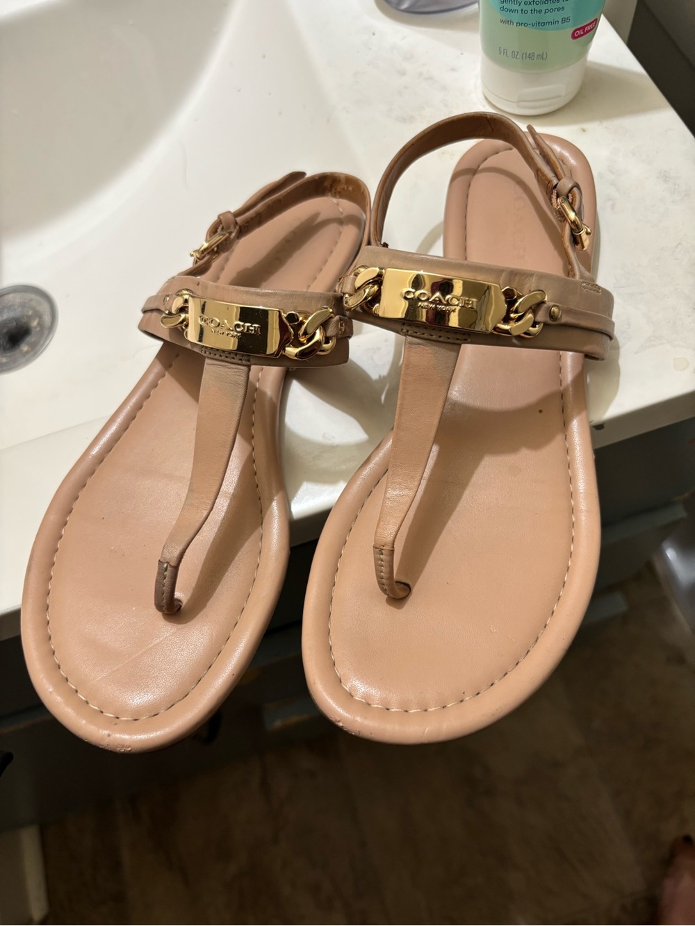 Coach Pink-Tan Leather T-Strap Sandals with Gold Plaque
